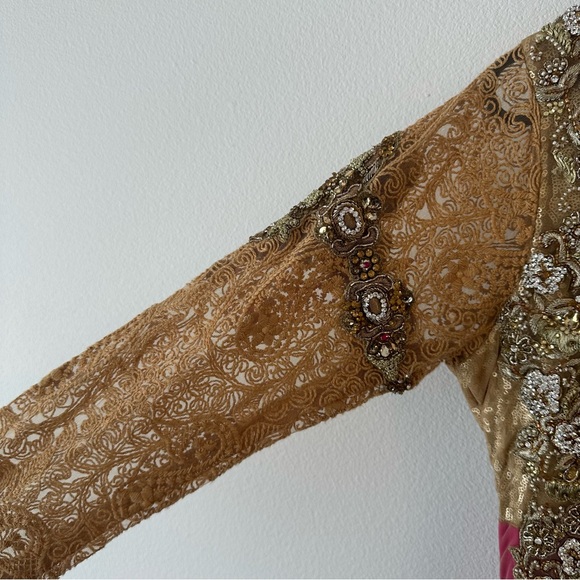 Elegant Pink and Gold Three-Piece Lehenga with Velvet Borders - Picture 9 of 16